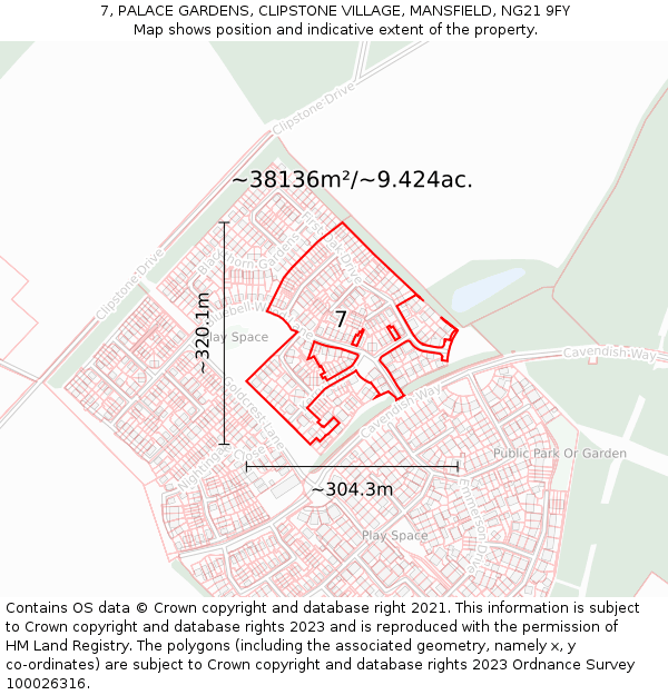 7, PALACE GARDENS, CLIPSTONE VILLAGE, MANSFIELD, NG21 9FY: Plot and title map