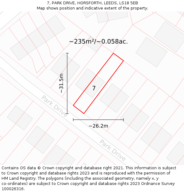 7, PARK DRIVE, HORSFORTH, LEEDS, LS18 5EB: Plot and title map