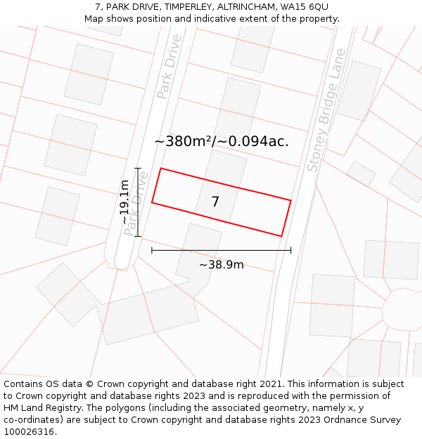 7, PARK DRIVE, TIMPERLEY, ALTRINCHAM, WA15 6QU: Plot and title map