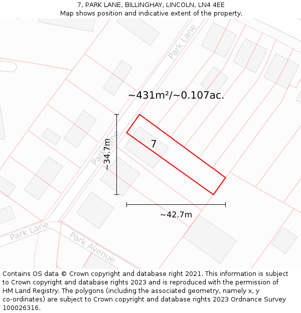 7, PARK LANE, BILLINGHAY, LINCOLN, LN4 4EE: Plot and title map