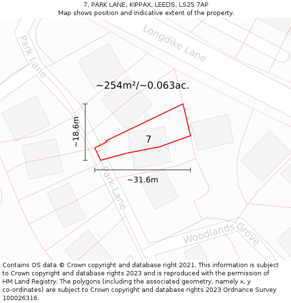 7, PARK LANE, KIPPAX, LEEDS, LS25 7AP: Plot and title map