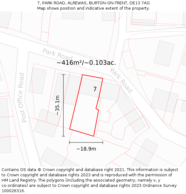 7, PARK ROAD, ALREWAS, BURTON-ON-TRENT, DE13 7AG: Plot and title map