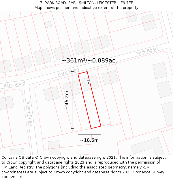 7, PARK ROAD, EARL SHILTON, LEICESTER, LE9 7EB: Plot and title map