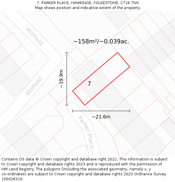 7, PARKER PLACE, HAWKINGE, FOLKESTONE, CT18 7NS: Plot and title map