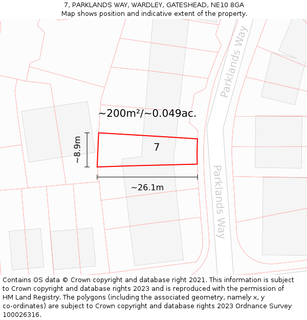 7, PARKLANDS WAY, WARDLEY, GATESHEAD, NE10 8GA: Plot and title map