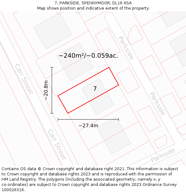 7, PARKSIDE, SPENNYMOOR, DL16 6SA: Plot and title map