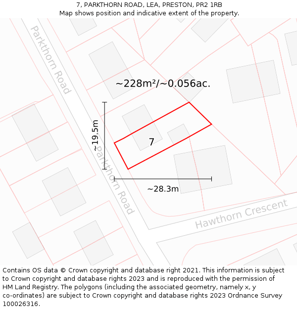 7, PARKTHORN ROAD, LEA, PRESTON, PR2 1RB: Plot and title map