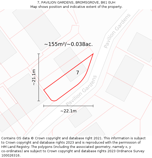 7, PAVILION GARDENS, BROMSGROVE, B61 0UH: Plot and title map