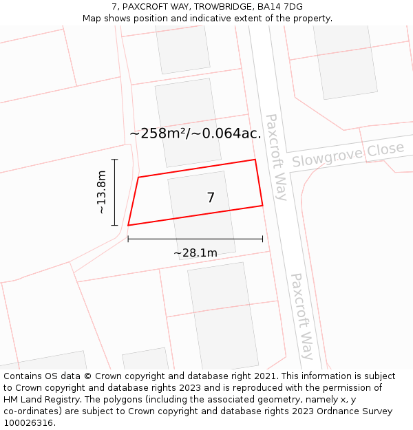 7, PAXCROFT WAY, TROWBRIDGE, BA14 7DG: Plot and title map