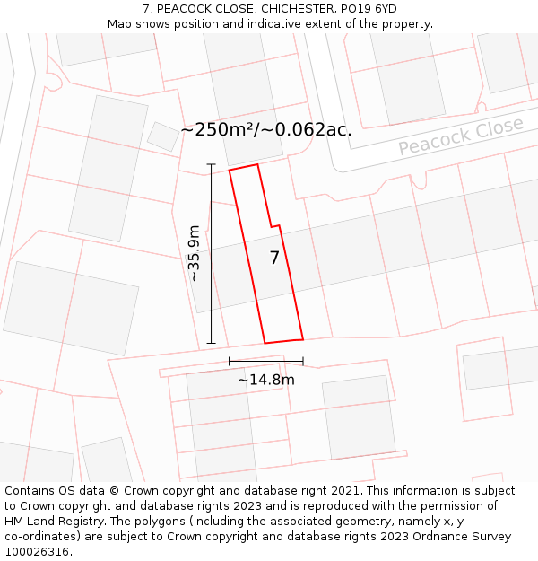 7, PEACOCK CLOSE, CHICHESTER, PO19 6YD: Plot and title map