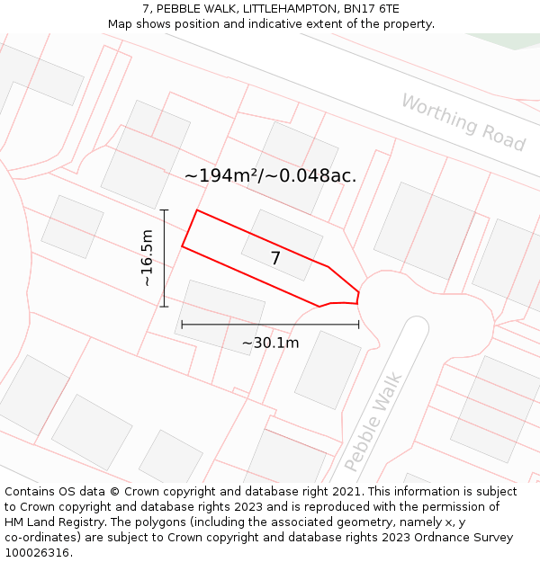 7, PEBBLE WALK, LITTLEHAMPTON, BN17 6TE: Plot and title map