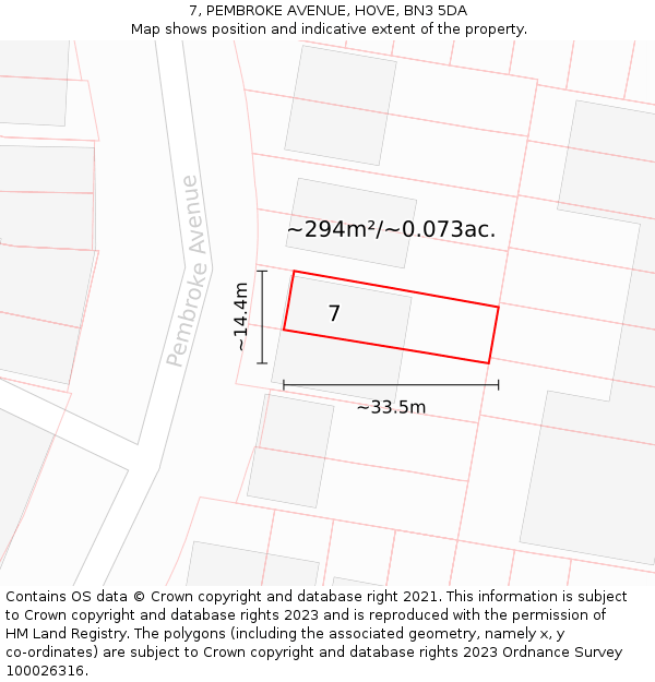 7, PEMBROKE AVENUE, HOVE, BN3 5DA: Plot and title map