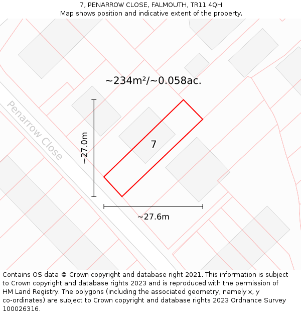 7, PENARROW CLOSE, FALMOUTH, TR11 4QH: Plot and title map