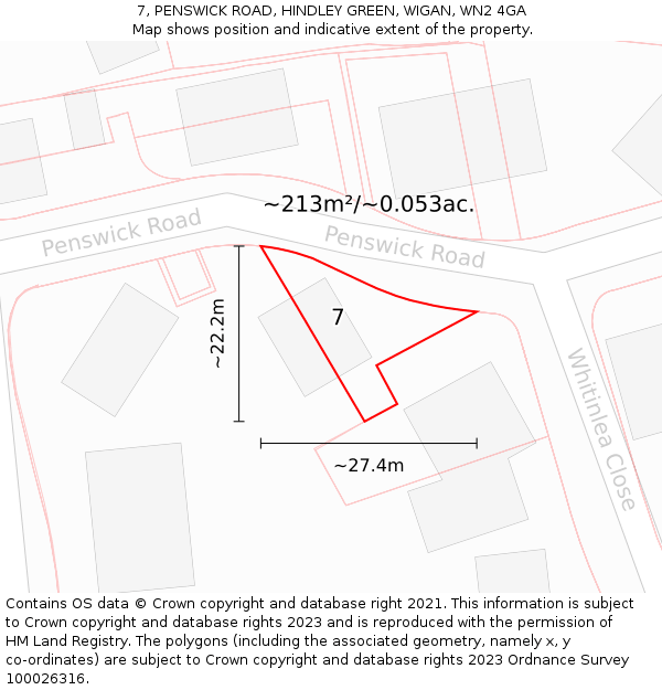 7, PENSWICK ROAD, HINDLEY GREEN, WIGAN, WN2 4GA: Plot and title map