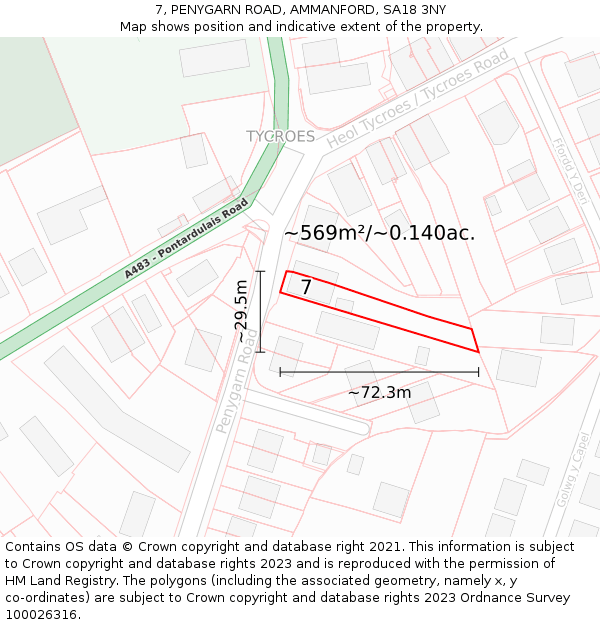 7, PENYGARN ROAD, AMMANFORD, SA18 3NY: Plot and title map