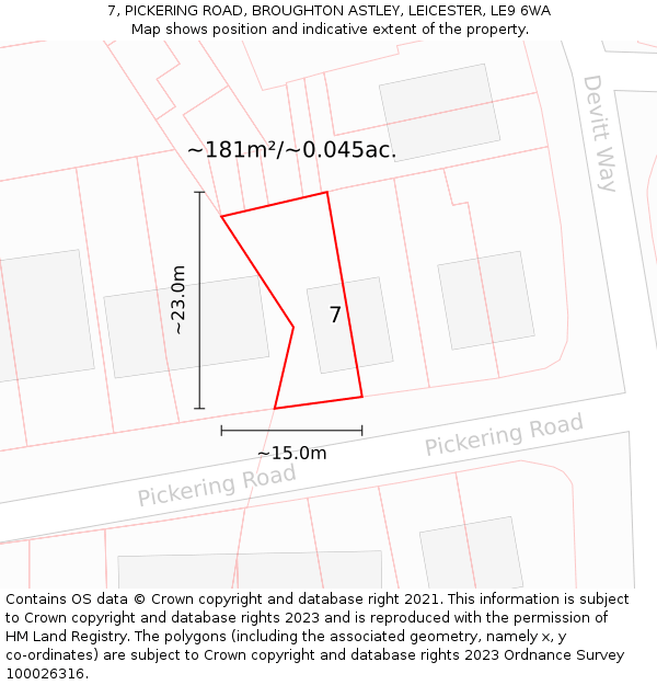 7, PICKERING ROAD, BROUGHTON ASTLEY, LEICESTER, LE9 6WA: Plot and title map