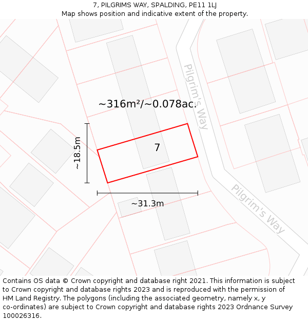 7, PILGRIMS WAY, SPALDING, PE11 1LJ: Plot and title map