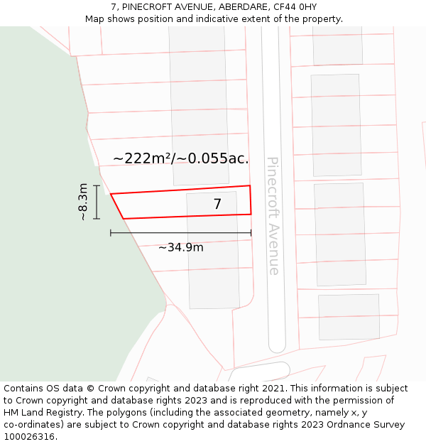 7, PINECROFT AVENUE, ABERDARE, CF44 0HY: Plot and title map