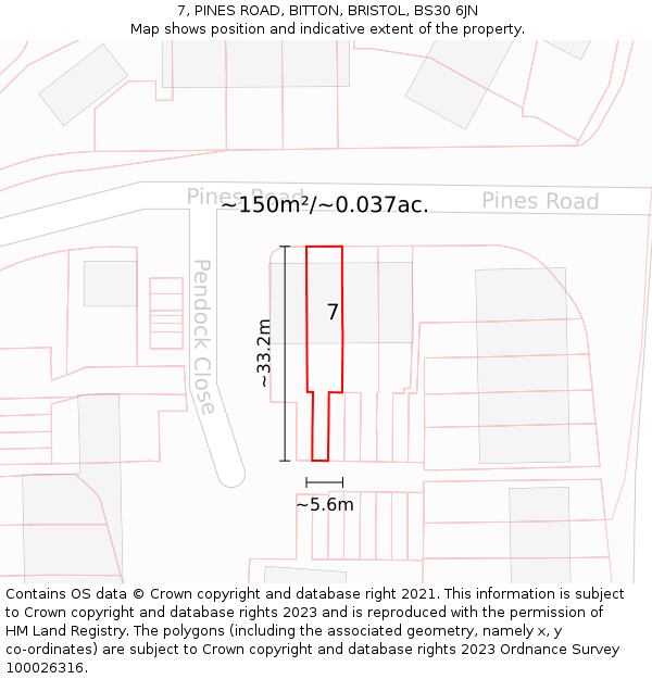 7, PINES ROAD, BITTON, BRISTOL, BS30 6JN: Plot and title map