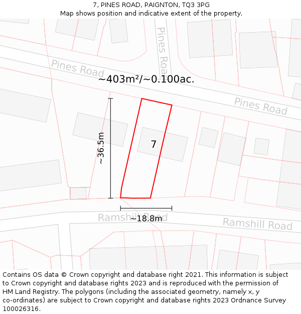 7, PINES ROAD, PAIGNTON, TQ3 3PG: Plot and title map