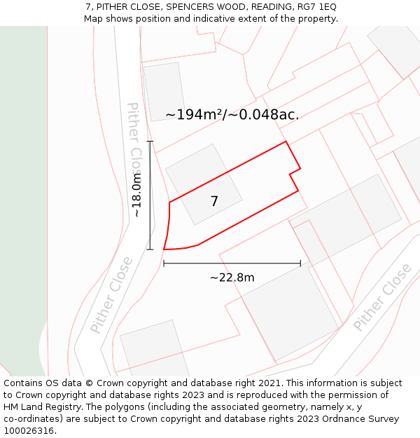 7, PITHER CLOSE, SPENCERS WOOD, READING, RG7 1EQ: Plot and title map