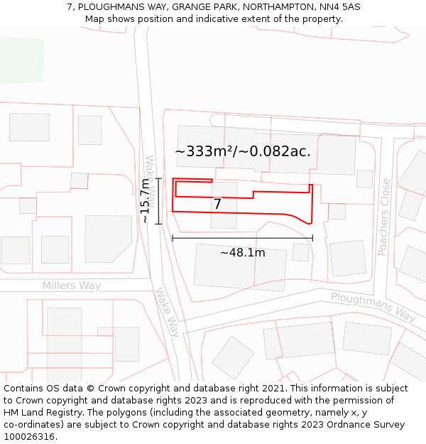 7, PLOUGHMANS WAY, GRANGE PARK, NORTHAMPTON, NN4 5AS: Plot and title map