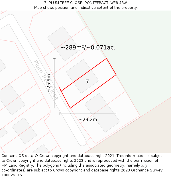 7, PLUM TREE CLOSE, PONTEFRACT, WF8 4RW: Plot and title map