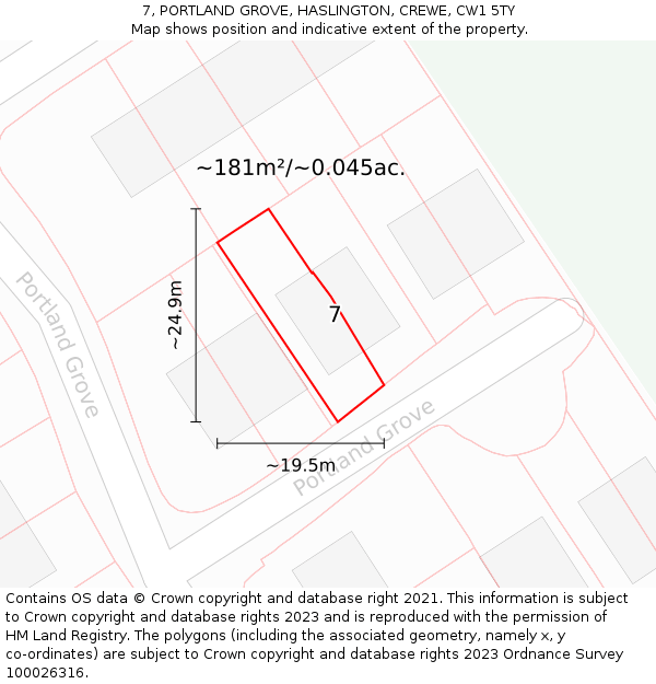 7, PORTLAND GROVE, HASLINGTON, CREWE, CW1 5TY: Plot and title map