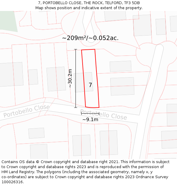 7, PORTOBELLO CLOSE, THE ROCK, TELFORD, TF3 5DB: Plot and title map