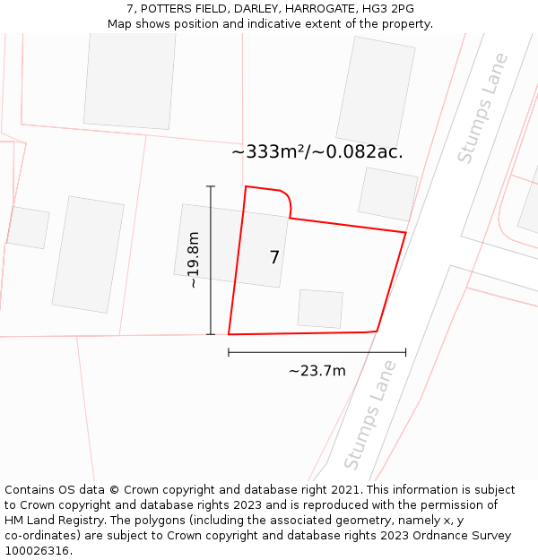 7, POTTERS FIELD, DARLEY, HARROGATE, HG3 2PG: Plot and title map