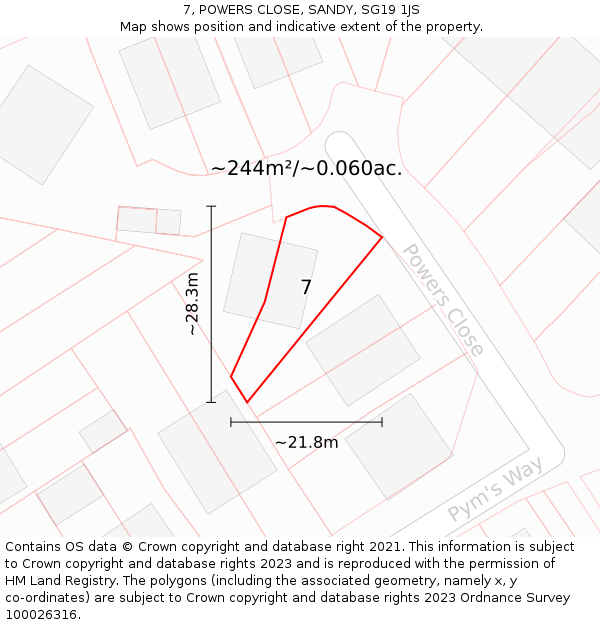 7, POWERS CLOSE, SANDY, SG19 1JS: Plot and title map