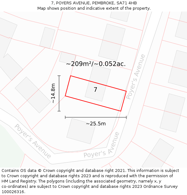 7, POYERS AVENUE, PEMBROKE, SA71 4HB: Plot and title map