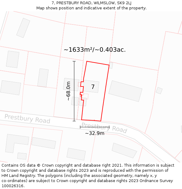 7, PRESTBURY ROAD, WILMSLOW, SK9 2LJ: Plot and title map