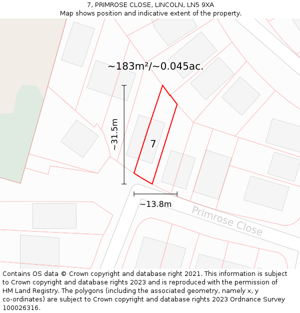 7, PRIMROSE CLOSE, LINCOLN, LN5 9XA: Plot and title map