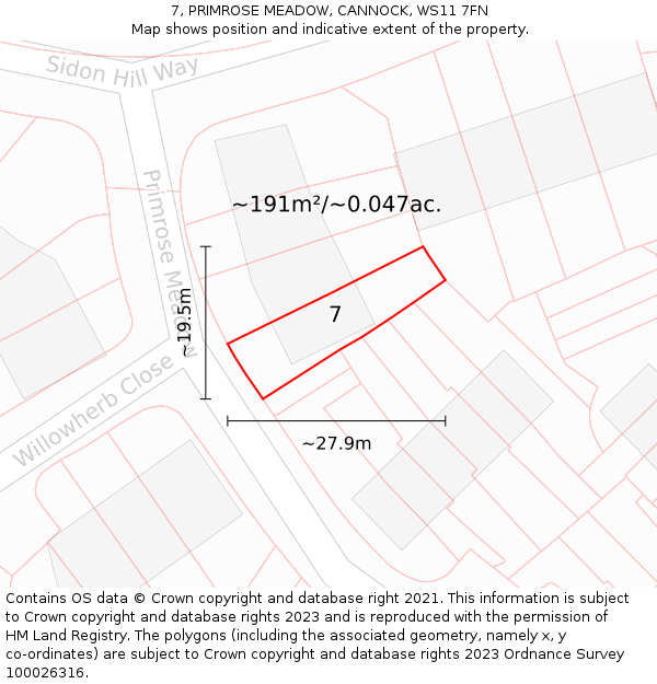 7, PRIMROSE MEADOW, CANNOCK, WS11 7FN: Plot and title map