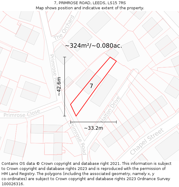 7, PRIMROSE ROAD, LEEDS, LS15 7RS: Plot and title map