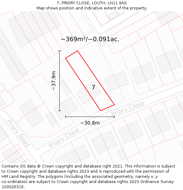 7, PRIORY CLOSE, LOUTH, LN11 9AS: Plot and title map