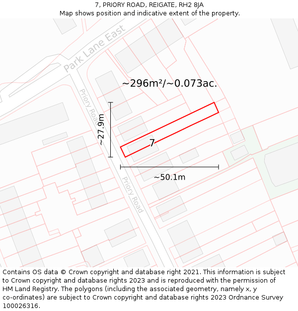 7, PRIORY ROAD, REIGATE, RH2 8JA: Plot and title map