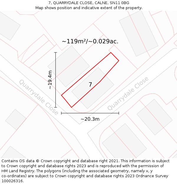 7, QUARRYDALE CLOSE, CALNE, SN11 0BG: Plot and title map