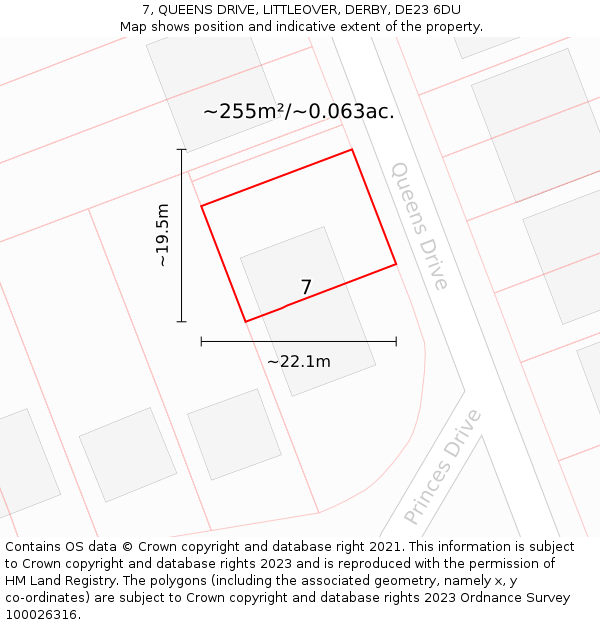 7, QUEENS DRIVE, LITTLEOVER, DERBY, DE23 6DU: Plot and title map