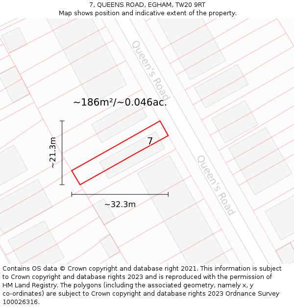 7, QUEENS ROAD, EGHAM, TW20 9RT: Plot and title map