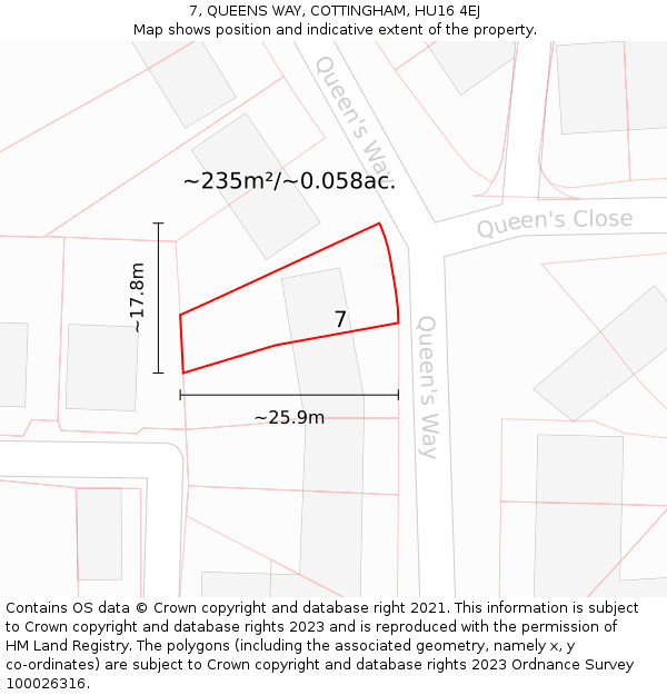 7, QUEENS WAY, COTTINGHAM, HU16 4EJ: Plot and title map