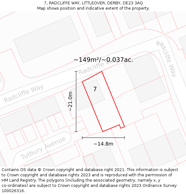 7, RADCLIFFE WAY, LITTLEOVER, DERBY, DE23 3AQ: Plot and title map