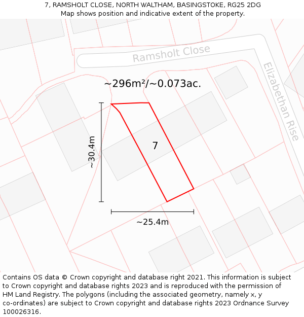 7, RAMSHOLT CLOSE, NORTH WALTHAM, BASINGSTOKE, RG25 2DG: Plot and title map