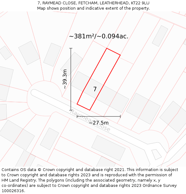 7, RAYMEAD CLOSE, FETCHAM, LEATHERHEAD, KT22 9LU: Plot and title map