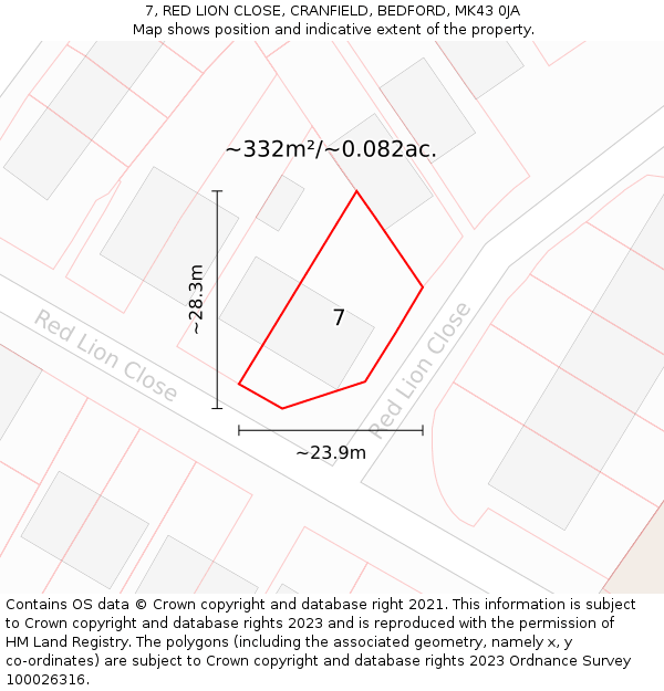 7, RED LION CLOSE, CRANFIELD, BEDFORD, MK43 0JA: Plot and title map