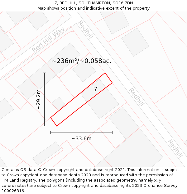 7, REDHILL, SOUTHAMPTON, SO16 7BN: Plot and title map