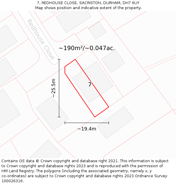 7, REDHOUSE CLOSE, SACRISTON, DURHAM, DH7 6UY: Plot and title map