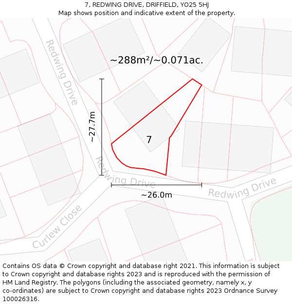 7, REDWING DRIVE, DRIFFIELD, YO25 5HJ: Plot and title map