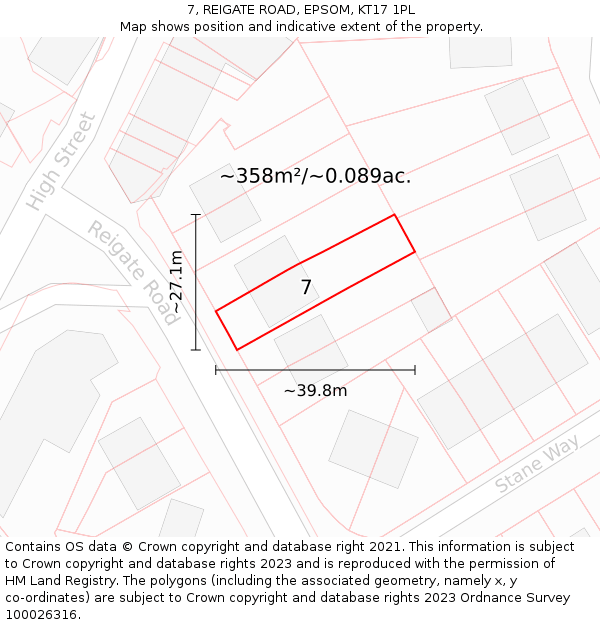 7, REIGATE ROAD, EPSOM, KT17 1PL: Plot and title map